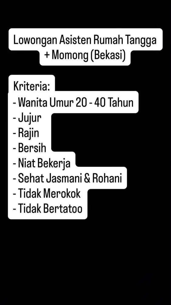 Lowongan ART + Momong (Menginap) - Kota Bekasi