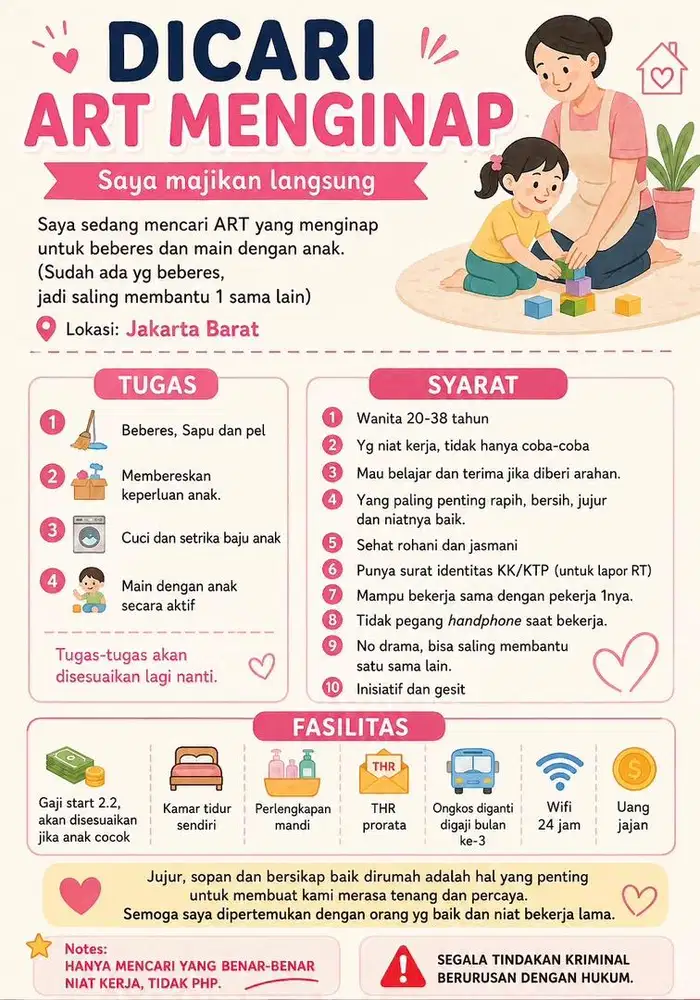 DIBUTUHKAN ASISTEN RUMAH TANGGA (ART) LOKER ART MAJIKAN LANGSUNG