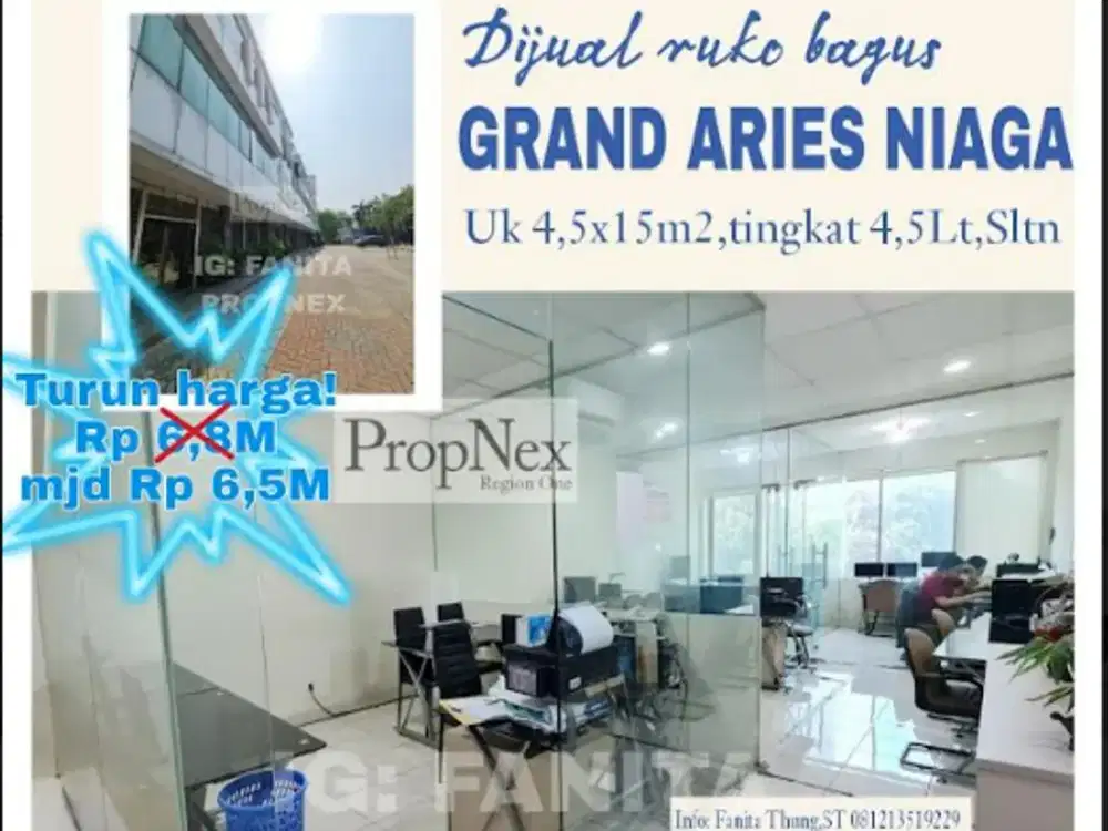 Turun harga ruko bgs di Grand Aries Niaga uk 4,5mx15m,tingkat 4,5lt