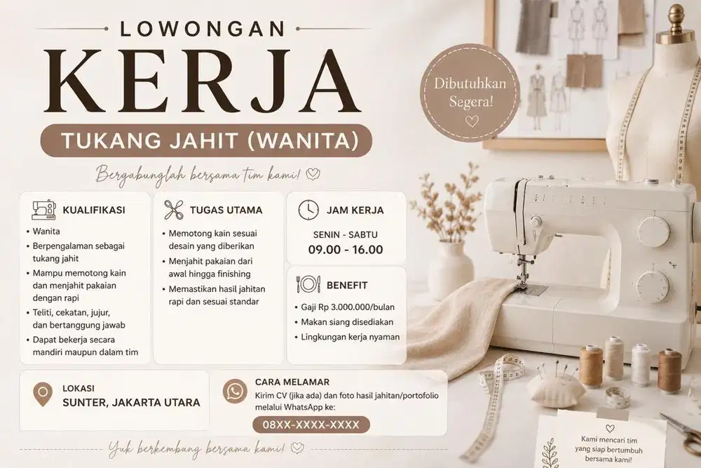 DICARI TUKANG JAHIT WANITA