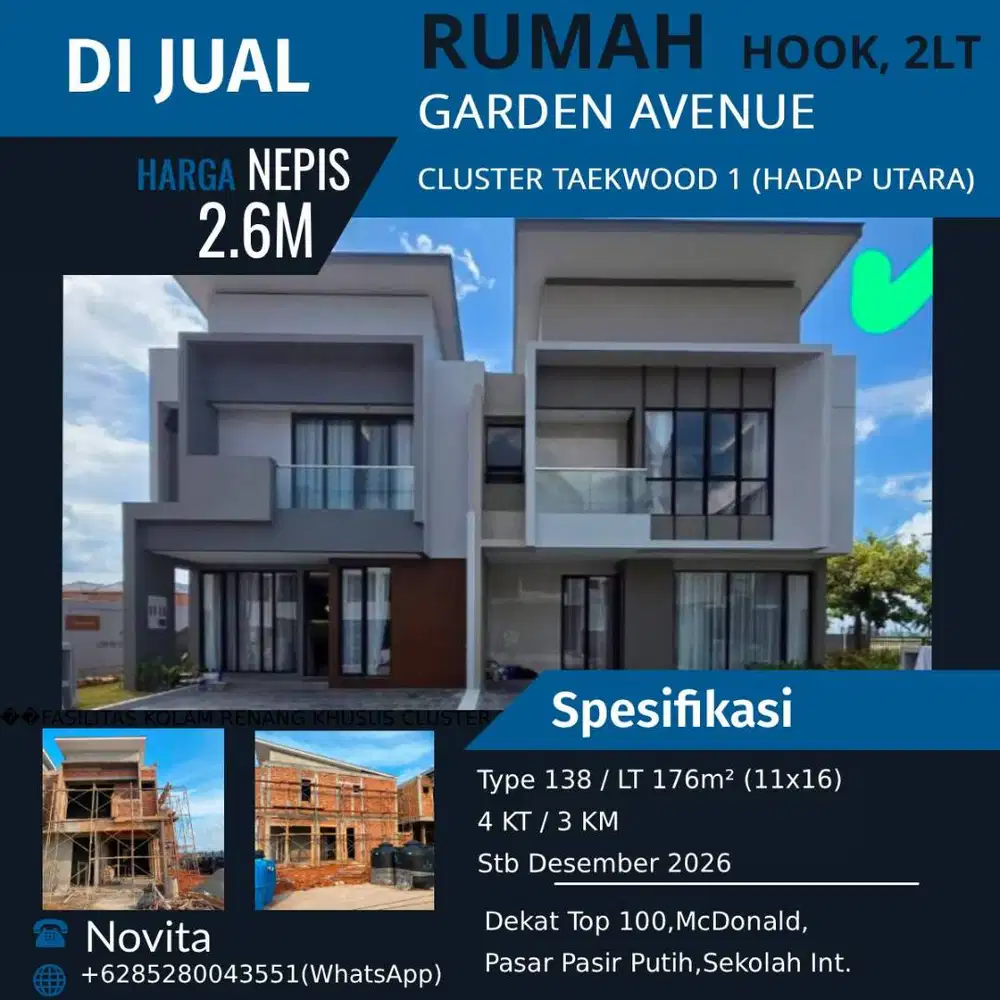 Rumah  HOOK 2 Lantai Di Garden Avenue Cluster Taekwood 1 (Hadap Utara)