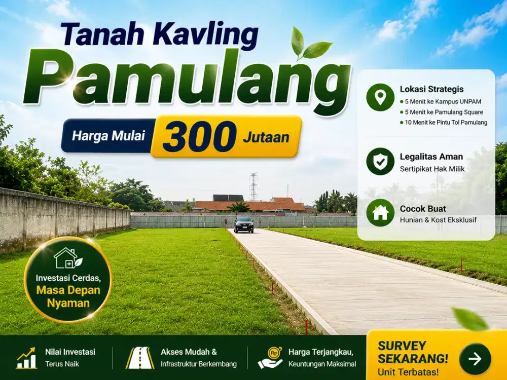 Kavling Tanah Murah, 5 Menit Alun-Alun Pamulang, SHM
