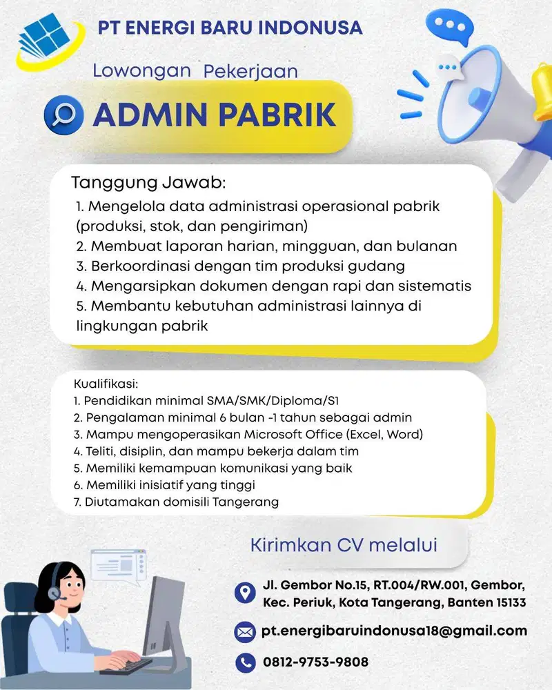 LOWONGAN PEKERJAAN – ADMIN PABRIK