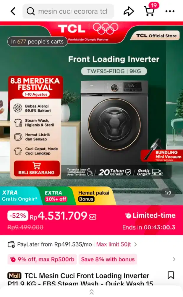 TCL Mesin Cuci Front Loading Inverter P11 9KG