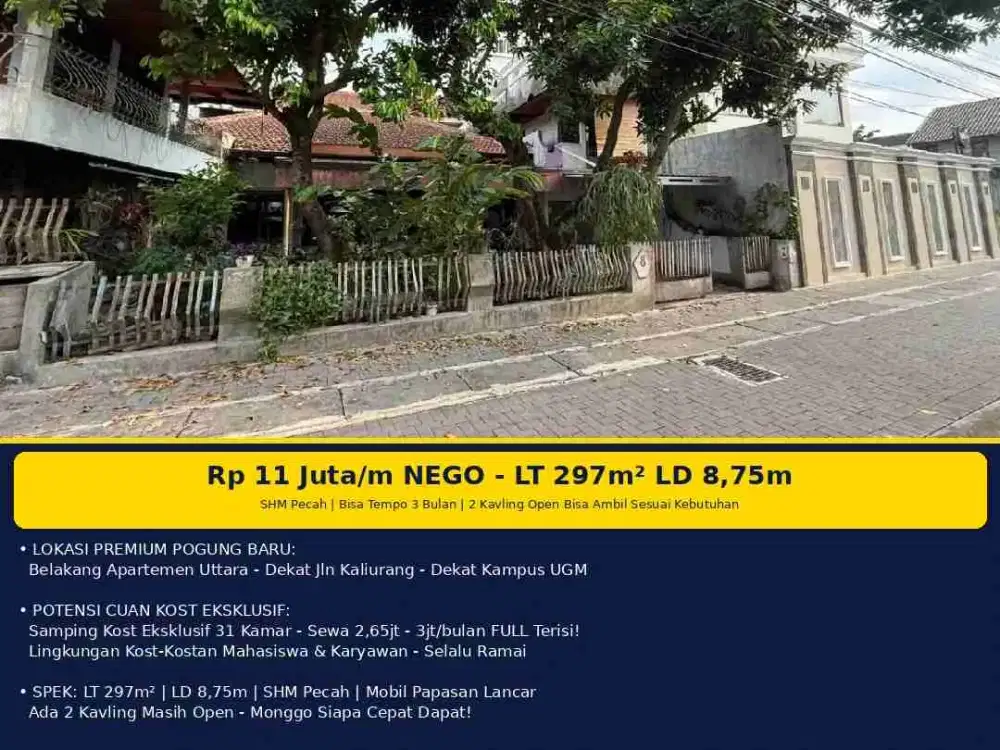 Dijual Tanah Kavling Pogung Baru Belakang Uttara LT 297m² LD 8,75m - SHM Pecah - 11jt/m Nego - Dekat UGM