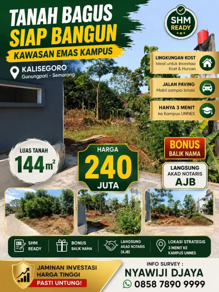 TANAH KAVLING PREMIUM 3 MENIT KAMPUS UNNES SIAP BANGUN