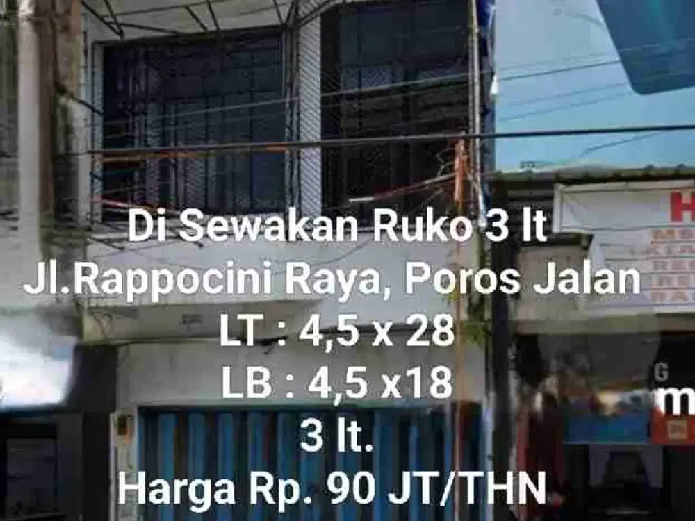 Disewakan Ruko 3 Lt Jl. Rappocini Raya Makassar