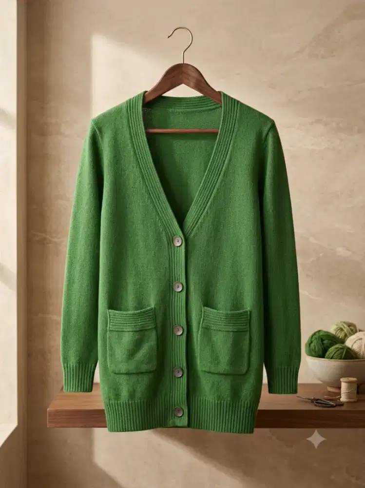 Cardigan rajut hijau V-Neck dengan Pocket Front, Cakep Banget