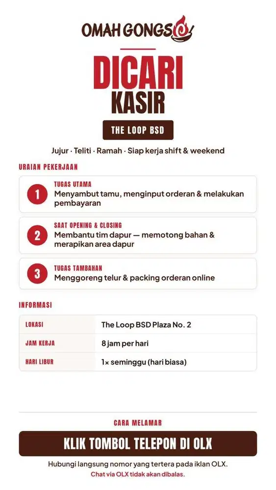 Lowongan Kasir - Omah Gongso The Loop Bsd