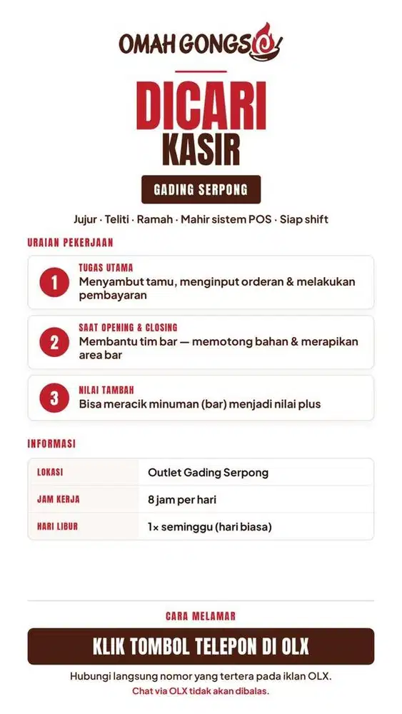 Lowongan Kasir Omah Gongso - Gading Serpong
