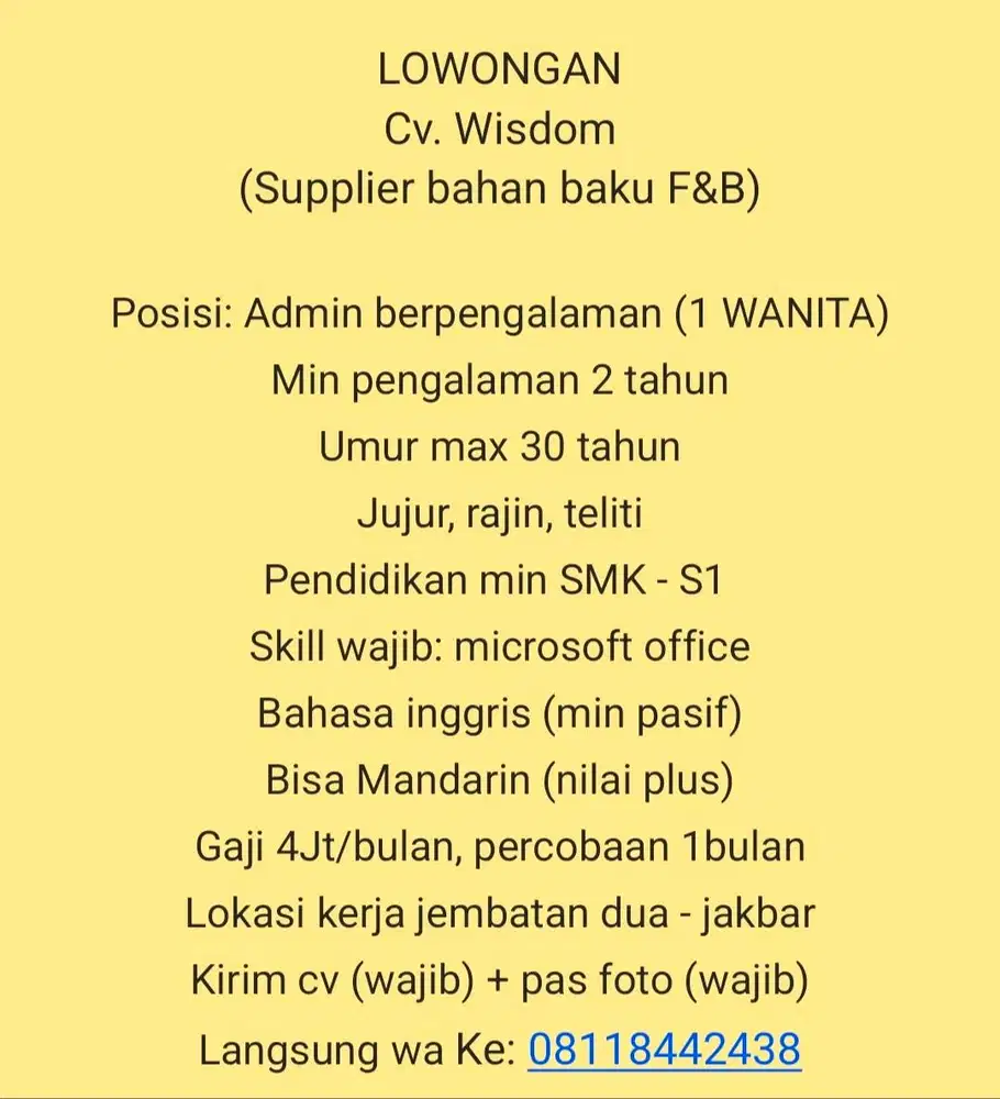 Admin berpengalaman 2 Tahun ( WANITA )