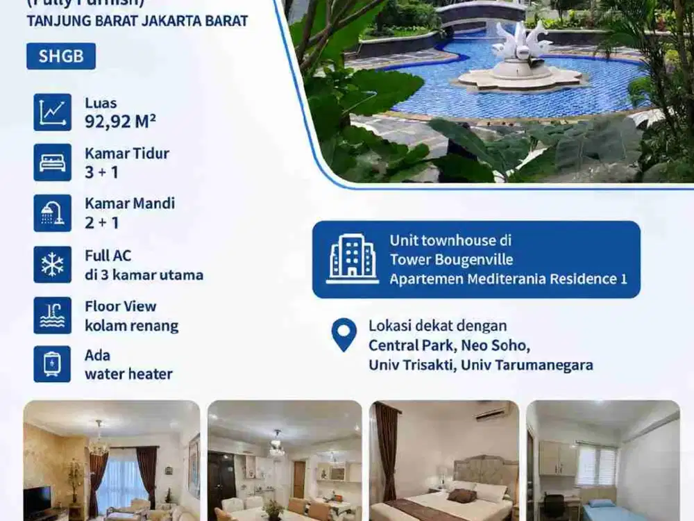 9-314
*OPEN SEWA LAGI*
DISEWAKAN UNIT TOWNHOUSE DI APARTEMEN MEDITERANIA (Fully Furnish)  TANJUNG BARAT JAKARTA BARAT