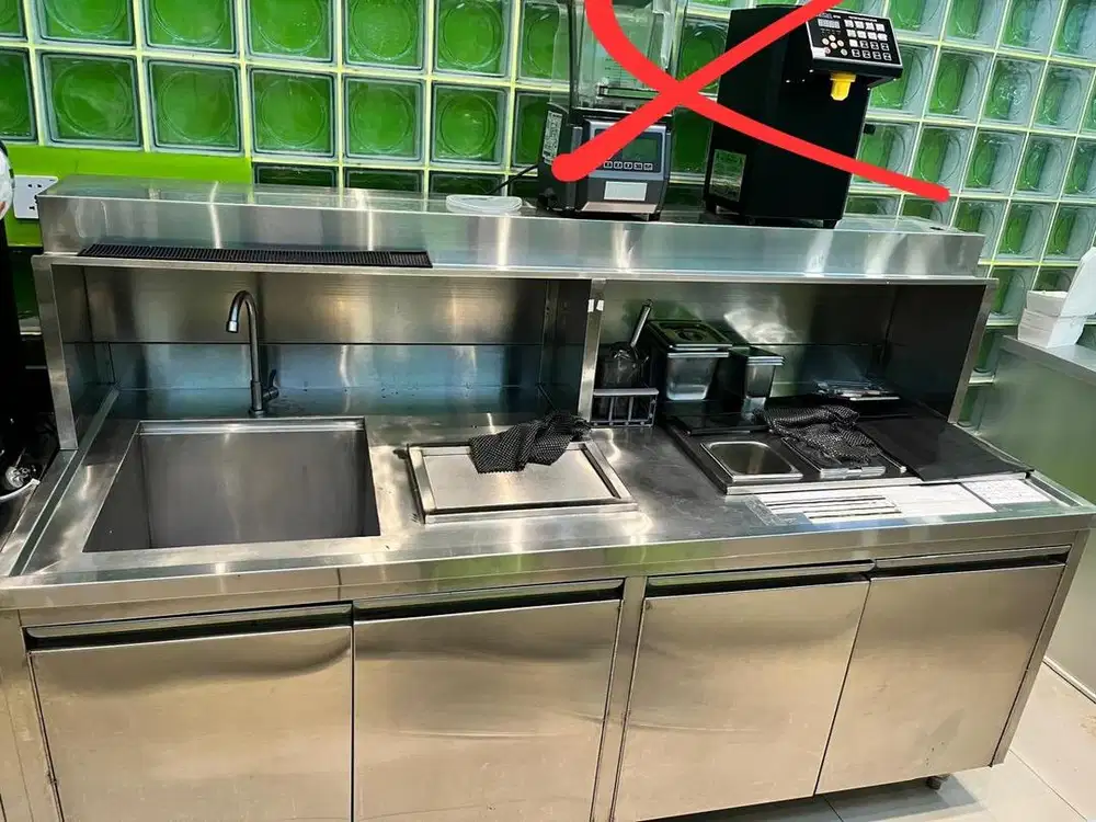 Meja kabinet stainless ice bin , topping , sink