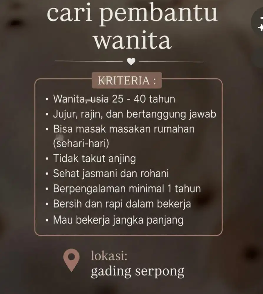 lowongan kerja asisten rumah tangga/art/pembantu
