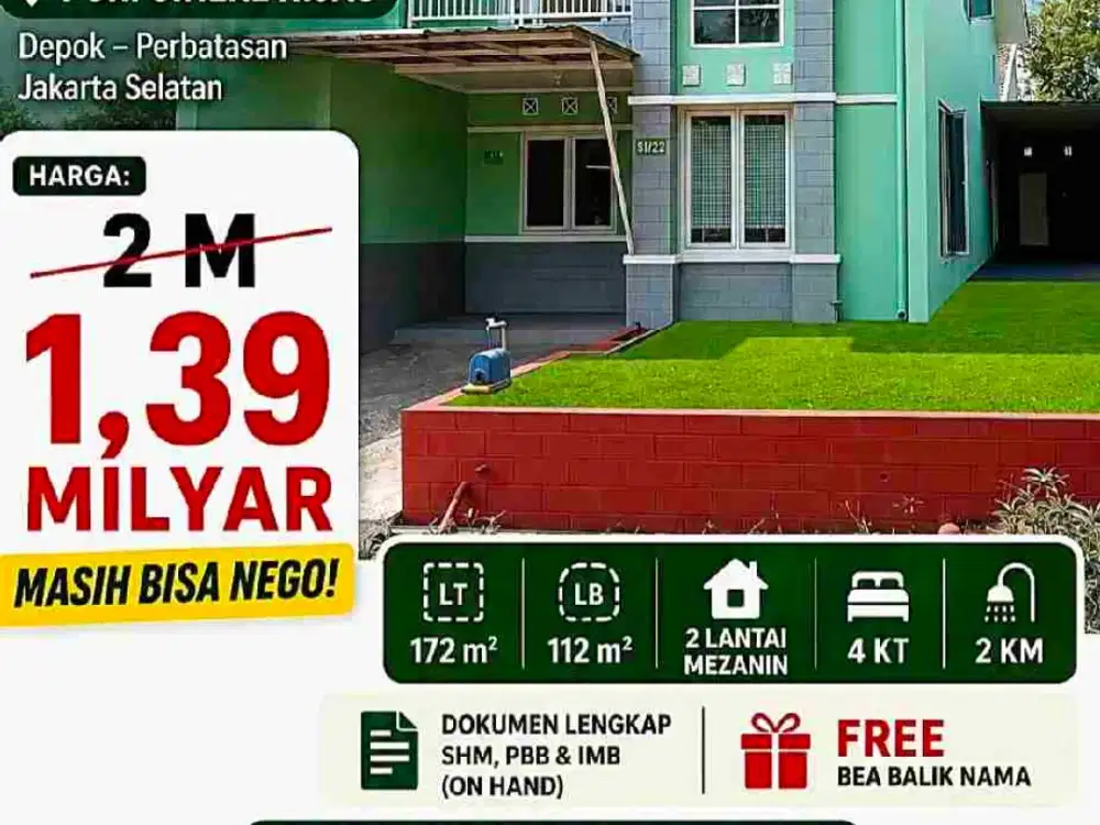 Rumah hook Puri Cinere Hijou perbatasan Depok Jaksel