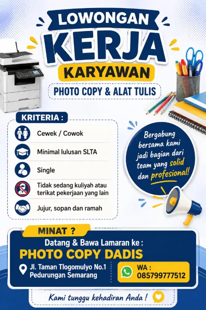 Loker karyawan toko Photo copy & Alat tulis