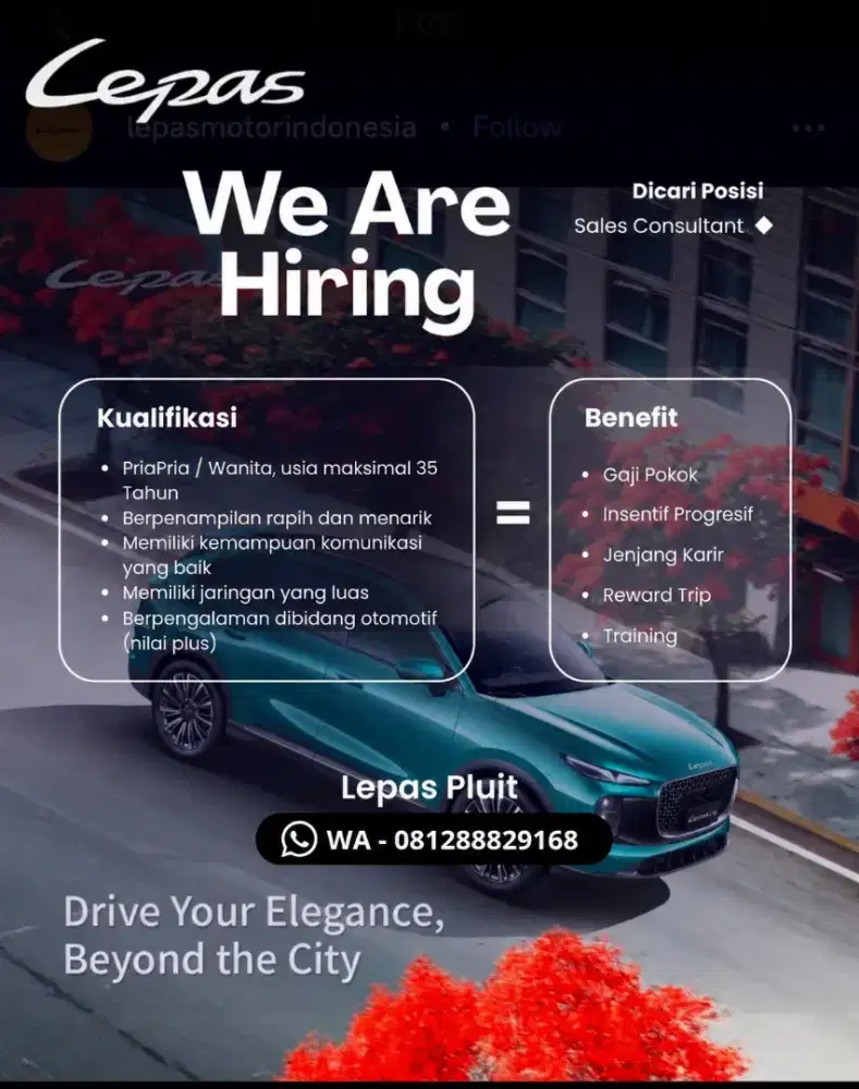 Dibutuhkan SEGERA Sales Mobil Listrik Lepas di Pluit Jakarta Utara