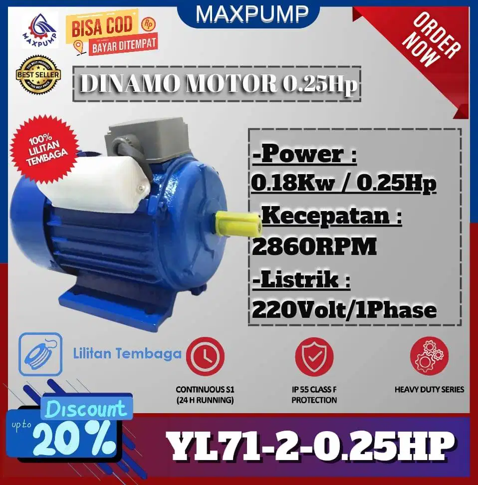 Maxpump Dinamo 1 Phase 0.25 HP 2860RPM 220V Elektro Motor Penggerak