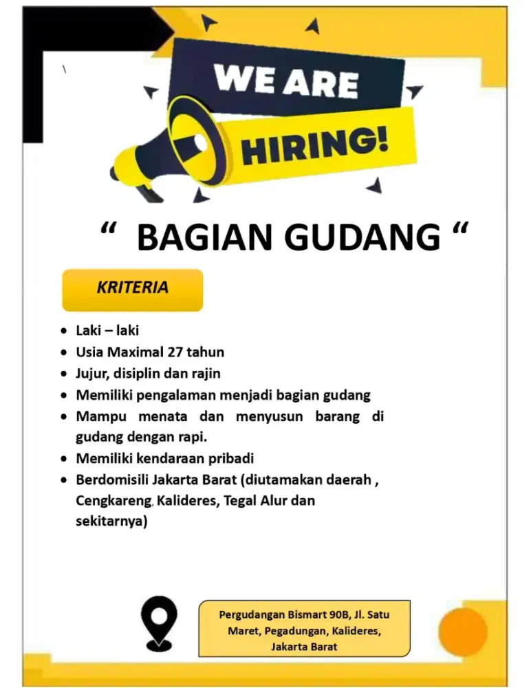 Dibutuhkan segera bagian gudang