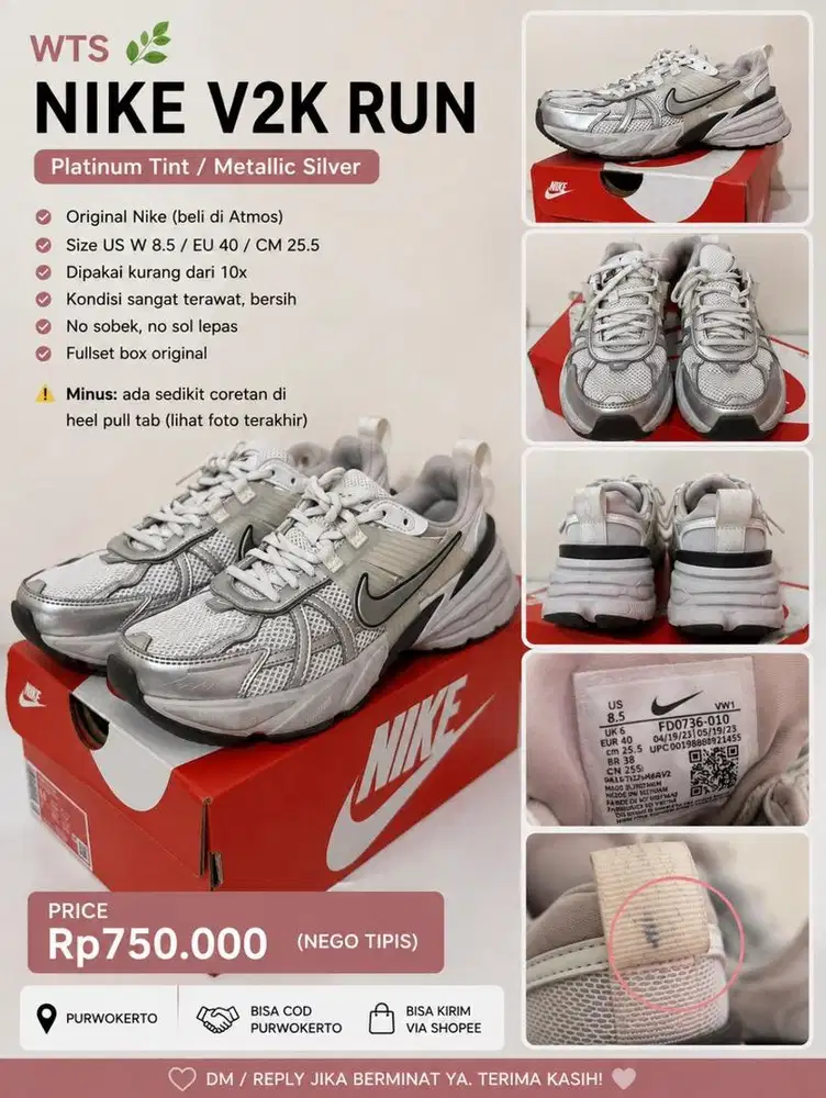 Nike V2K Run Original Platinum Tint Metallic Silver EU40 US W8.5