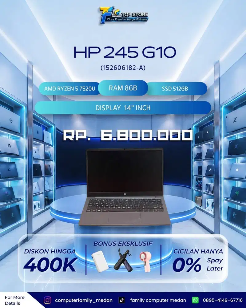 PROMOO HP 245 G10 AMD RYZEN 5-7520U RAM 8GB SSD 512GB GARANSI RESMI