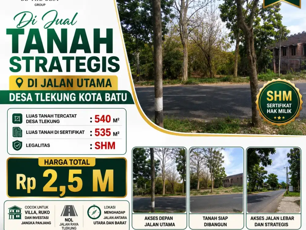 LUAS 535 M2!! DI JUAL TANAH STRATEGIS DI JALAN UTAMA DESA TLEKUNG KOTA BATU