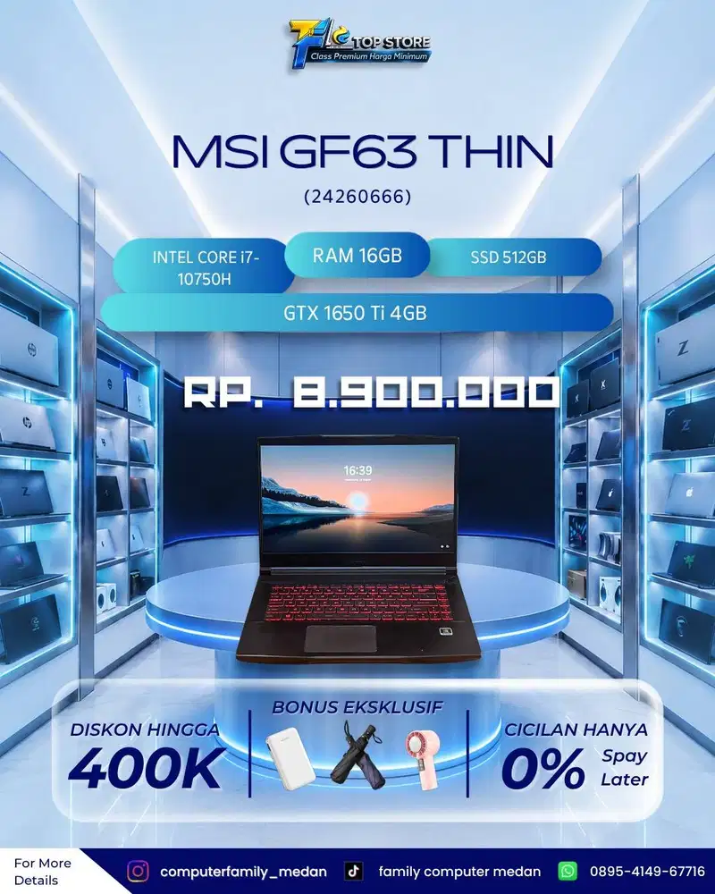 PROMO MSI GF63 THIN CORE I7-10750H RAM 16GB SSD 512GB GTX 1650Ti 4GB