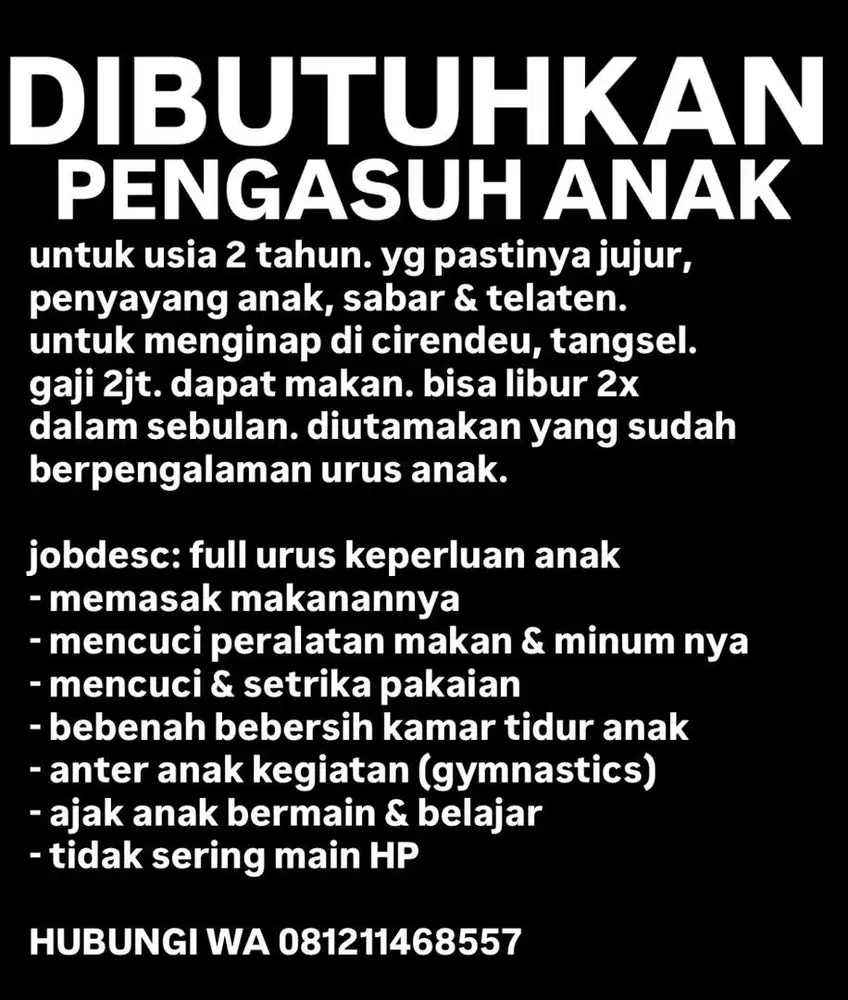 PENGASUH ANAK / BABYSITTER (MAJIKAN LANGSUNG)