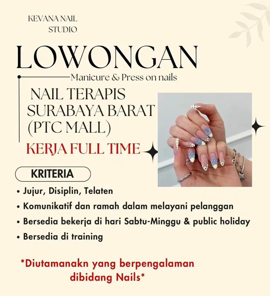 Lowongan pekerjaan Nail terapis surabaya, salon kuku manicure press on