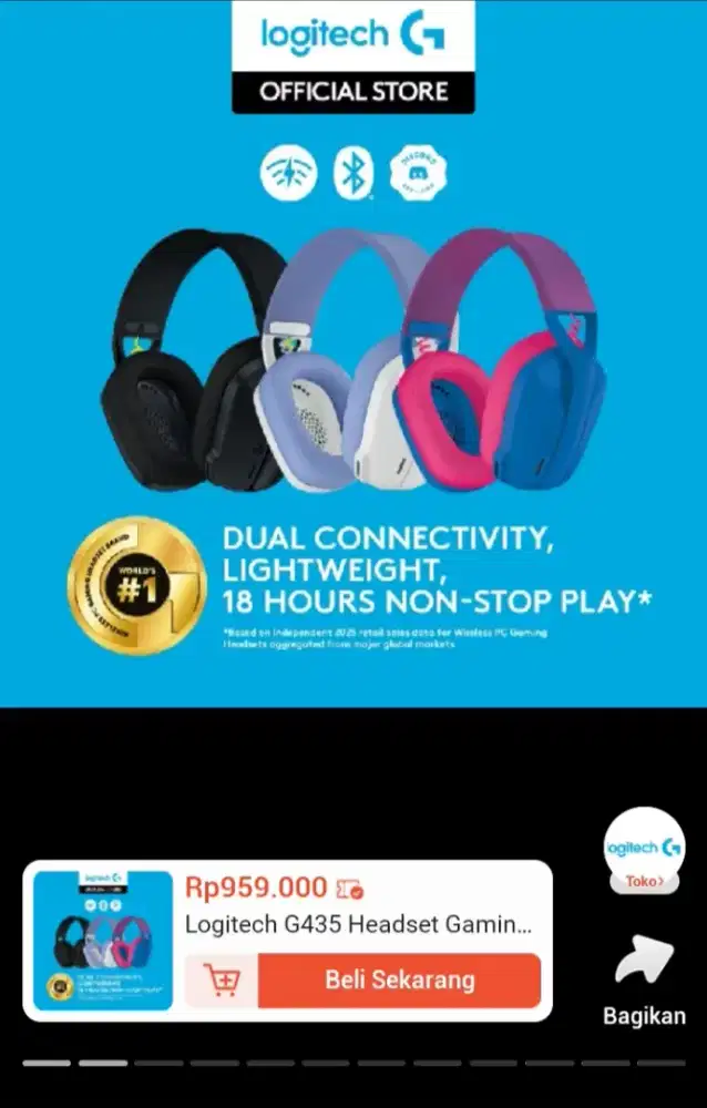 Headset Earphone Logitech G435 Gaming Bluetooth Wireless Original