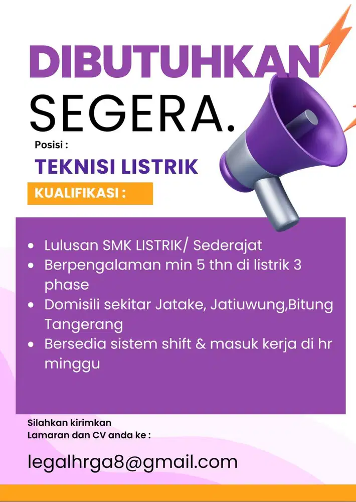 lowongan kerja teknisi listri, operator mesin