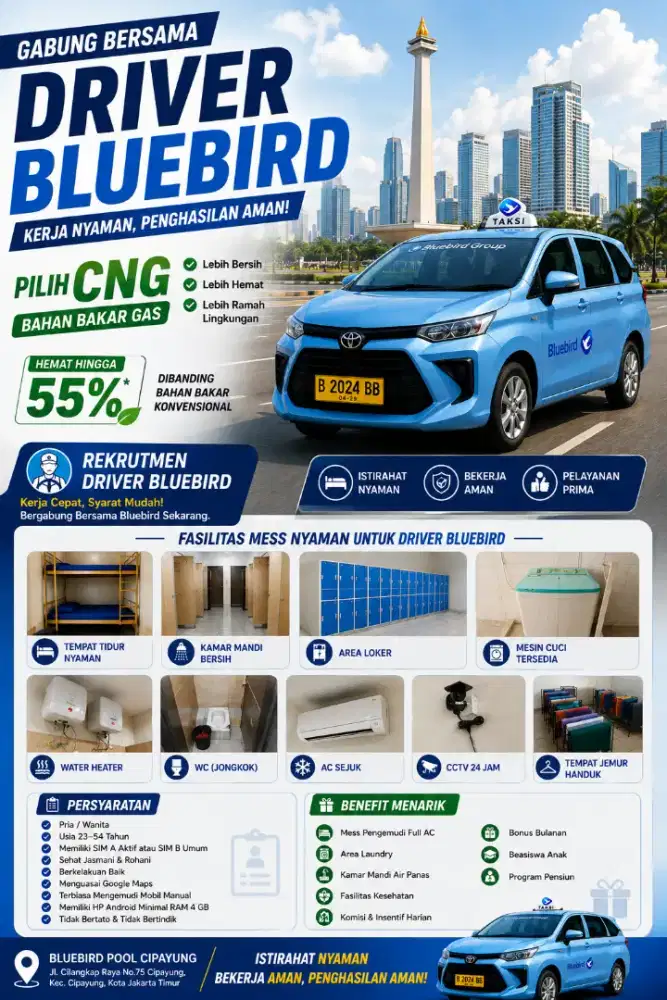 Loker Pengemudi Taxi Bluebird - Syarat Mudah, Penghasilan Aman & Bonus