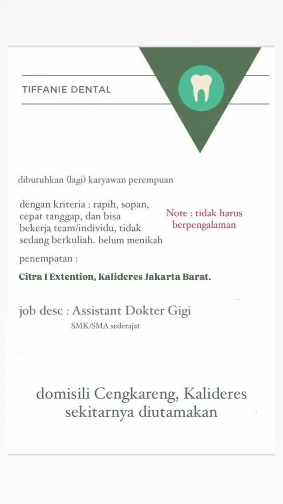 LOWONGAN KERJA ASSISTANT DOKTER GIGI