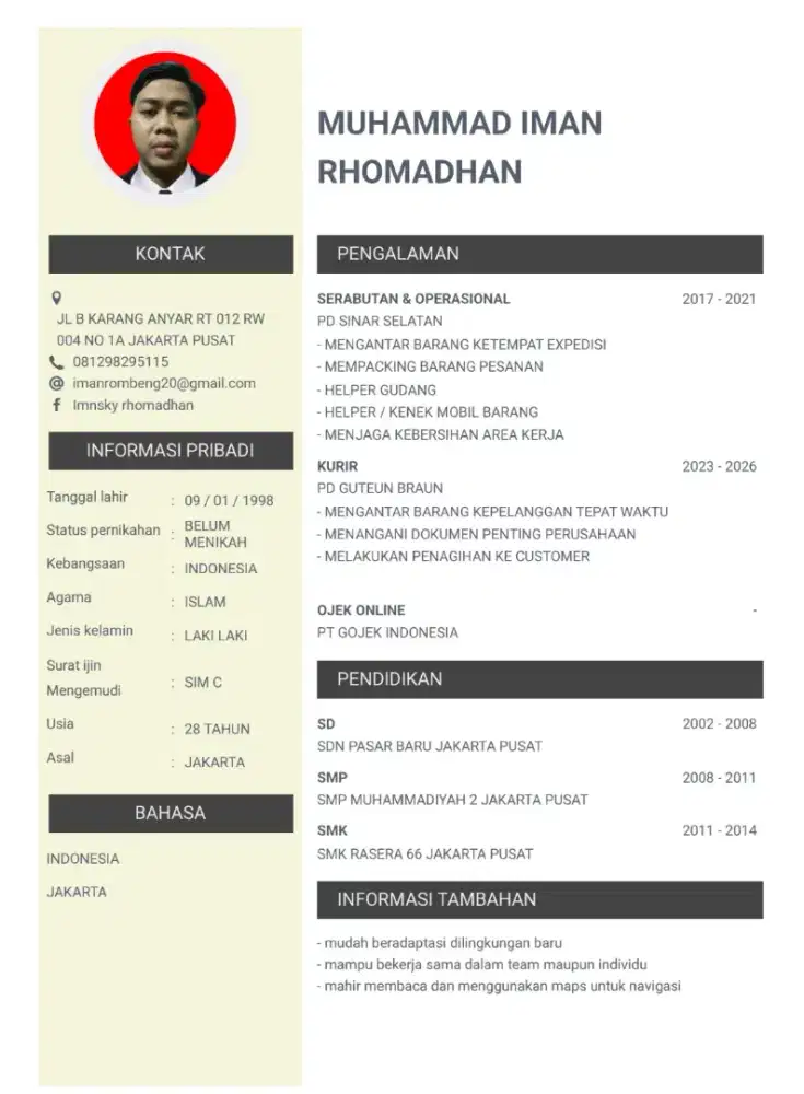 Mencari pekerjaan gudang , kurir , packing , ob , atau mesengger