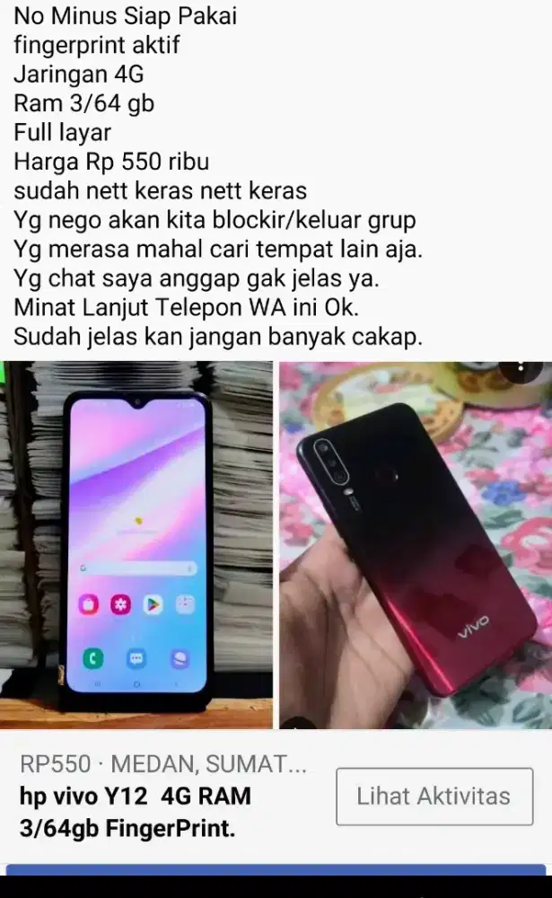 Vivo Y12 4G Ram 3/64 gb Sehat Kali