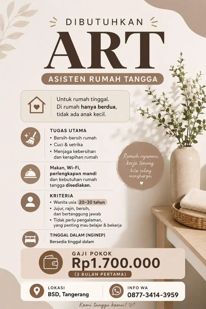 ART (Asisten Rumah Tangga) untuk rumah tinggal.