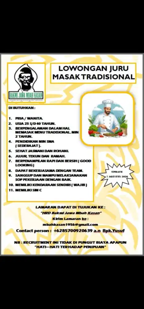 Di butuhkan juru masak / koki / chief