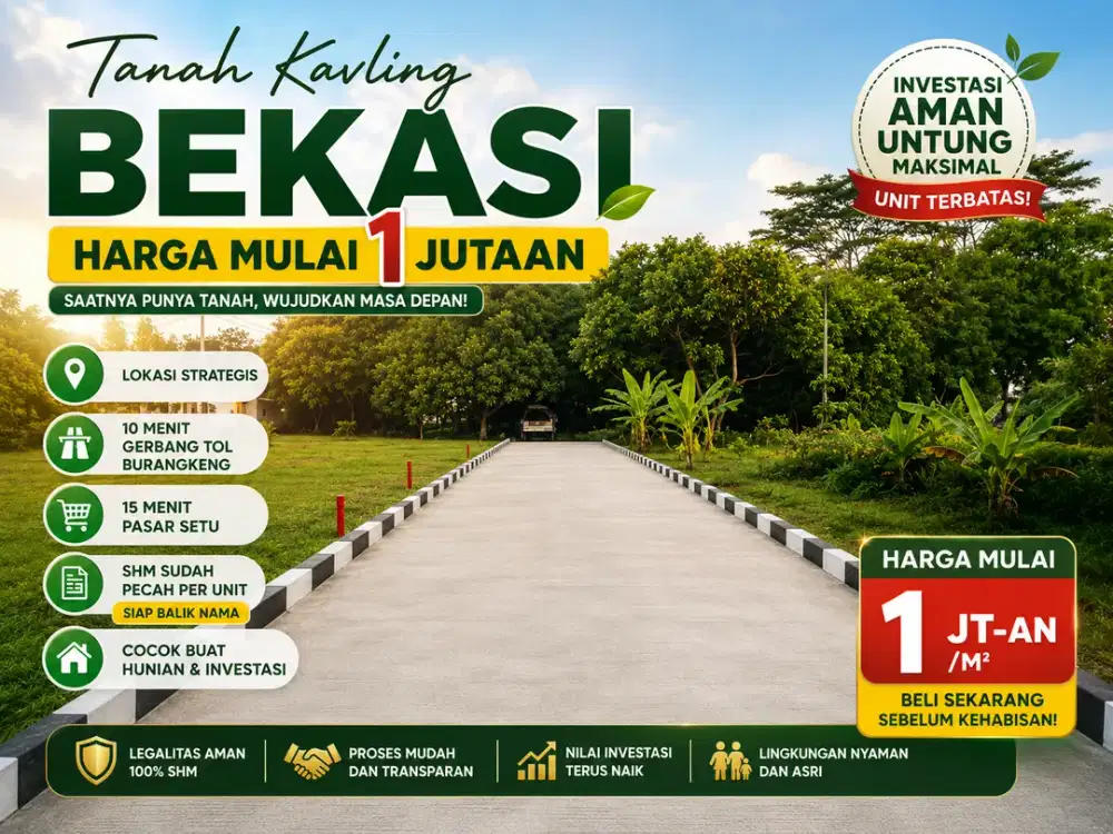 Tanah 1 Jt-an, 10 Menit ke Pintu Tol Burangkeng, SHM Sudah Pecah