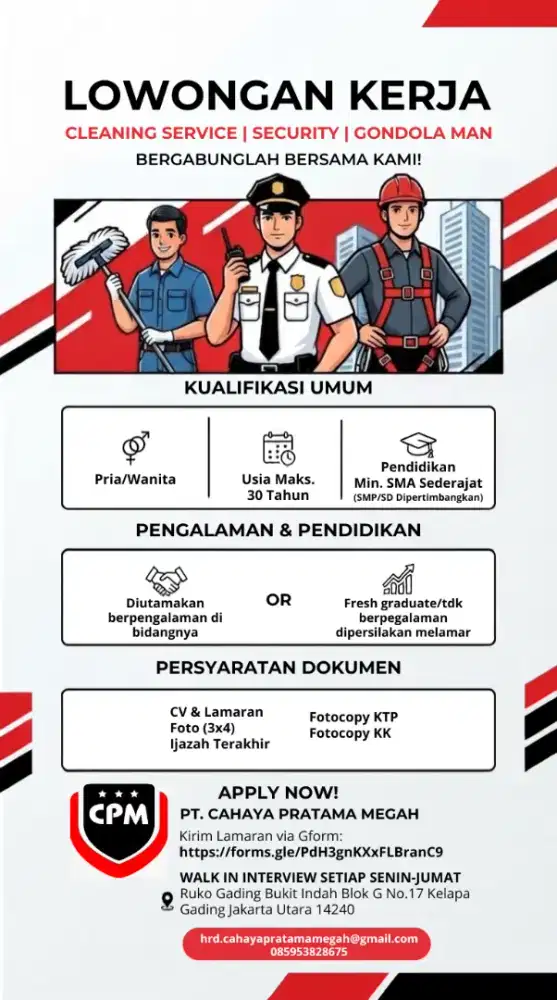 Lowongan cleaning service, security, gondola man