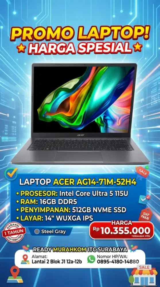 Acer AG14-71M-52H4 Intel Core Ultra 5 115U 16GB RAM Backlit Keyboard