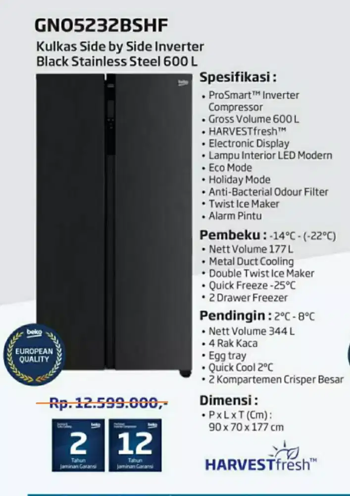 Beko Kulkas 2 Pintu 600L Inverter GNO5232BSHF