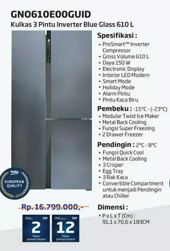 Kulkas 3 Pintu Inverter Blue Glass 610L