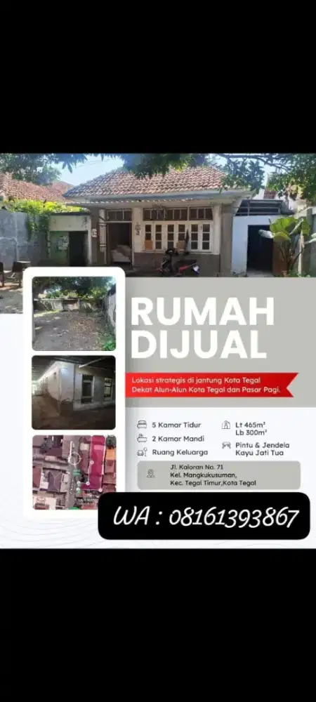 DIJUAL RUMAH LAMA, LB 300, LT 465, TEMBOK LUMAYAN, KAYU TUA