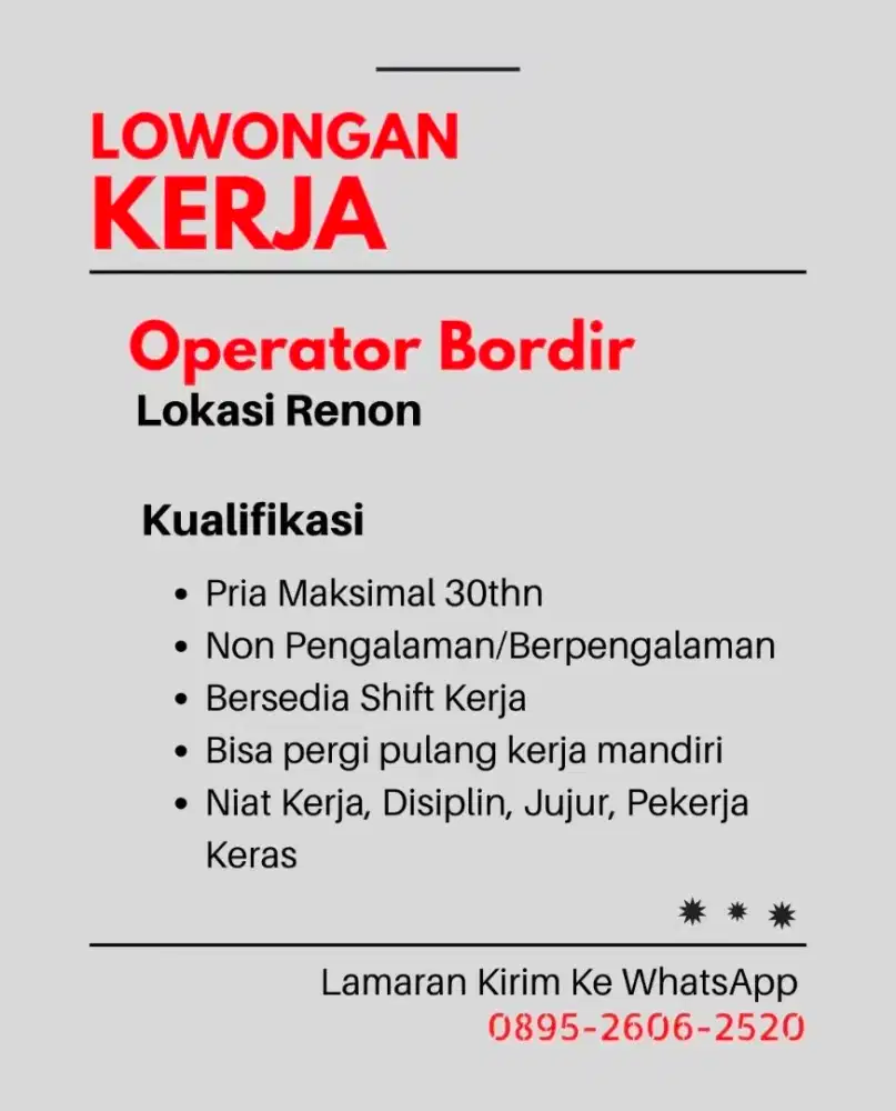 Lowongan pekerja Rajin, Jujur dan Giat