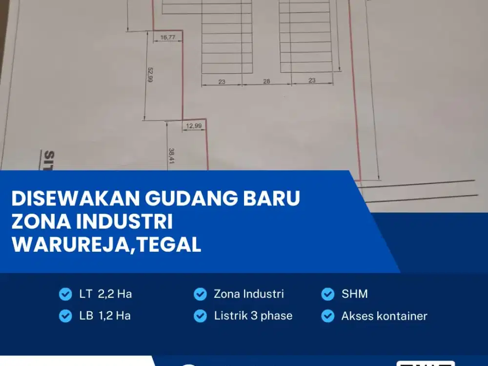 Disewakan Gudang Baru Zona Industri Lokasi Strategis Warureja,Tegal Luas 2,2 Ha