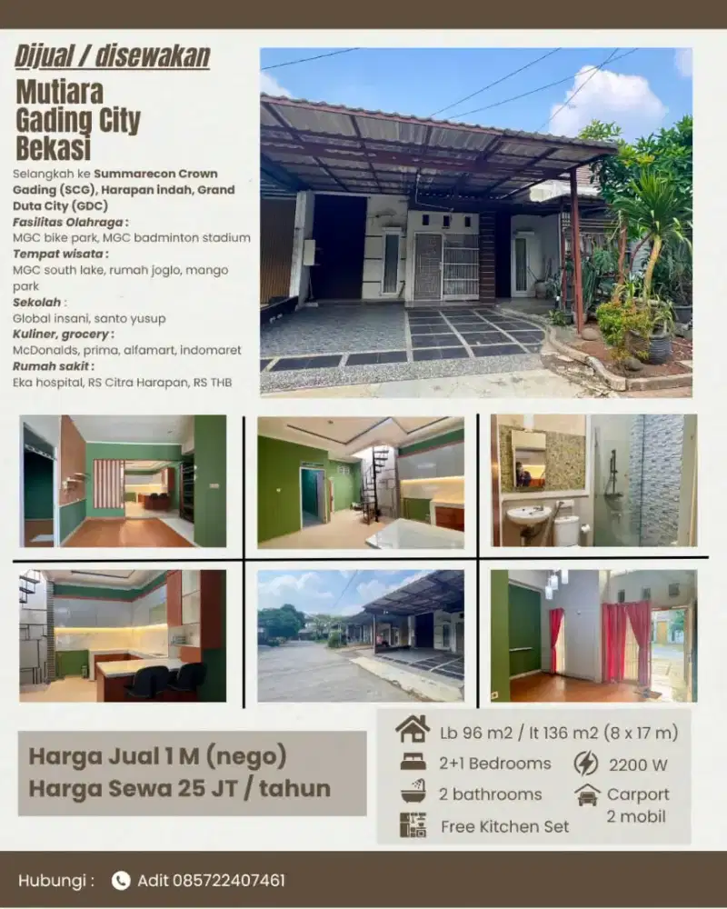 Dijual / Disewa Cepat Rumah Luas di Mutiara Gading City Bekasi