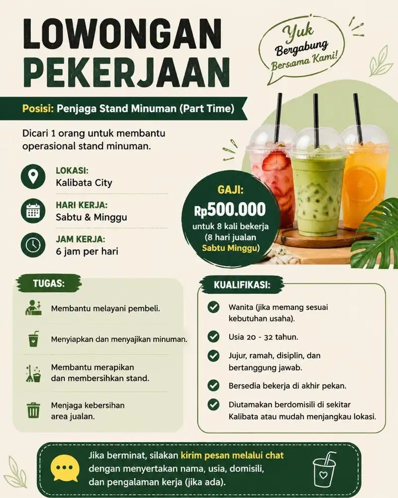 Cari Penjaga Minuman Stand Part Time
