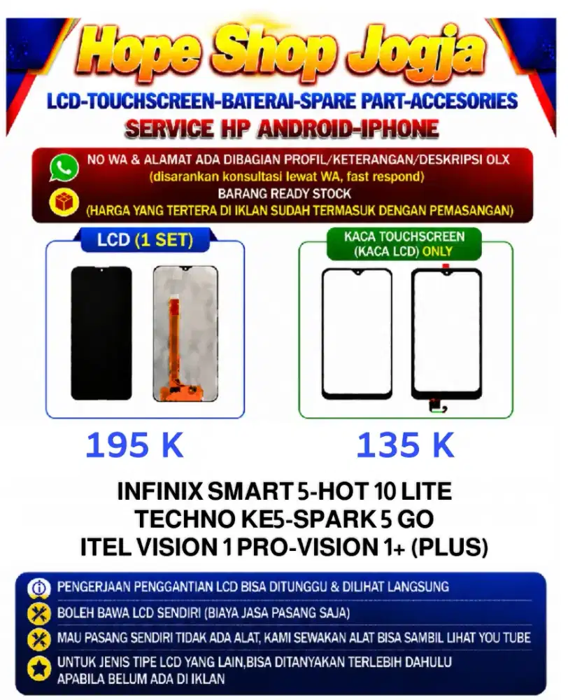 Touchscreen-Baterai-Lcd TECHNI SPARK 5 GO
ITEL VISION 1 PRO