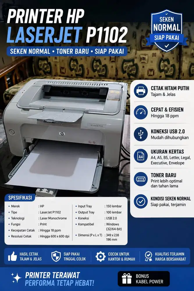 Printer HP LaserJet P1102 Seken Normal Toner Baru Siap Pakai