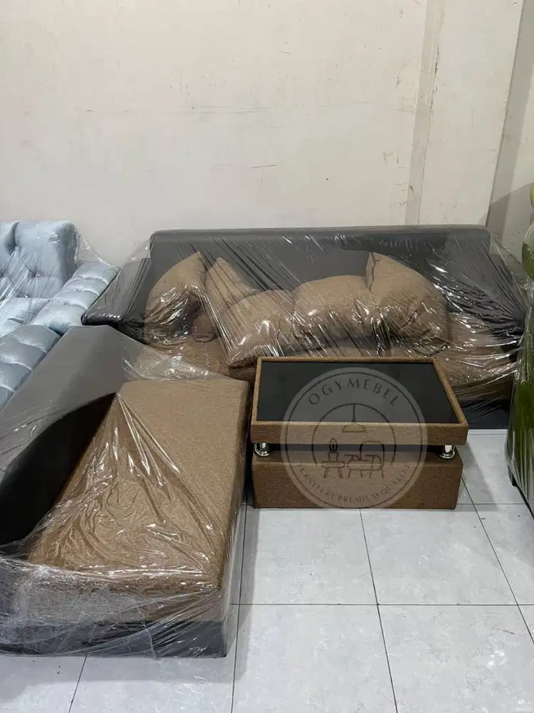 PROMO SALE SOFA L KOMBINASI KULIT DAN LINEN